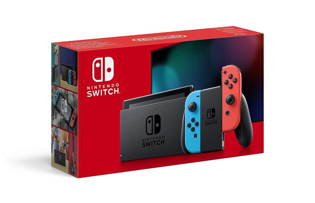 Box der zweiten Nintendo Switch. Das Logo ist nicht in einer quadratischen Box, sondern auf rotem Grund, der über den ganzen Hintergrund der Box geht.